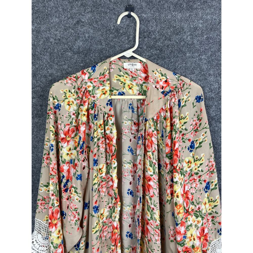 Umgee Tan Floral Lace Trimmed Kimono/ M/L Multi Colors - Picture 2 of 9